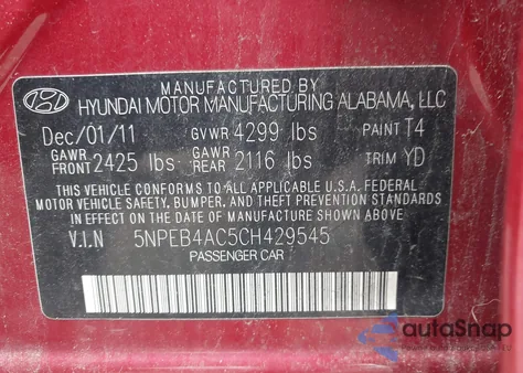 2012 Hyundai Sonata Gls from USA, damaged, VIN 5NPEB4AC5CH429545